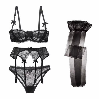 Luxury Half Cup Lace Transparent Sexy Lingerie Ultra-Thin Solid Shell Style 4 Pieces/Lots Bra Set and Garter and Stocking