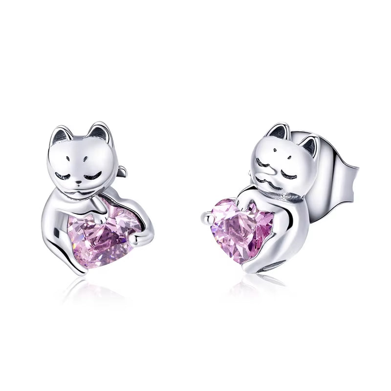 Real 100% 925 Sterling Silver Lovely Cat Pet Stud Earrings for Women S925 Silver Earring Fashion Jewelry Gift FIE073