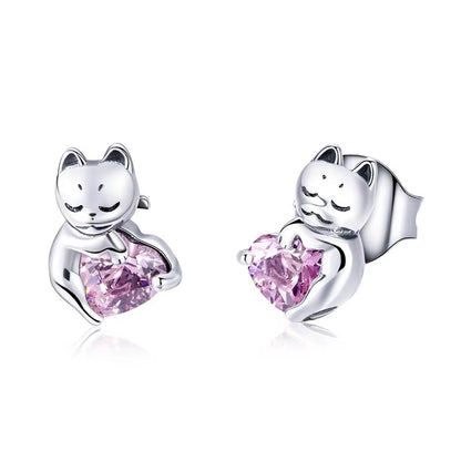 Real 100% 925 Sterling Silver Lovely Cat Pet Stud Earrings for Women S925 Silver Earring Fashion Jewelry Gift FIE073