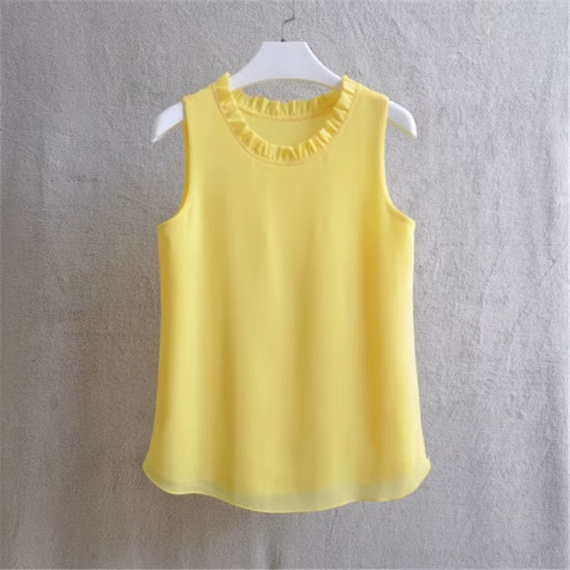 21 Colors Solid Ruffle Chiffon Blouse Women 2025 Summer Fashion Vest Blusas Casual Loose Sleeveless Ladies Tops Shirt