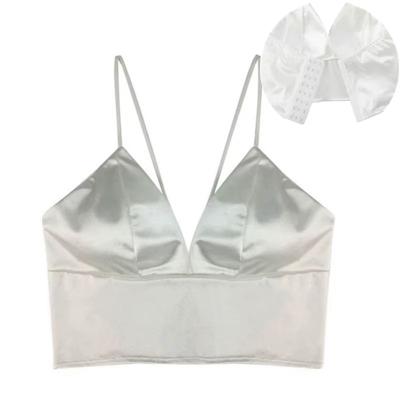 Sexy Satin Crop Tops Women Wireless Bralette Crochet Top Female Spaghetti Strap T-Shirt Cropped with Chest Padded Camisole Camis
