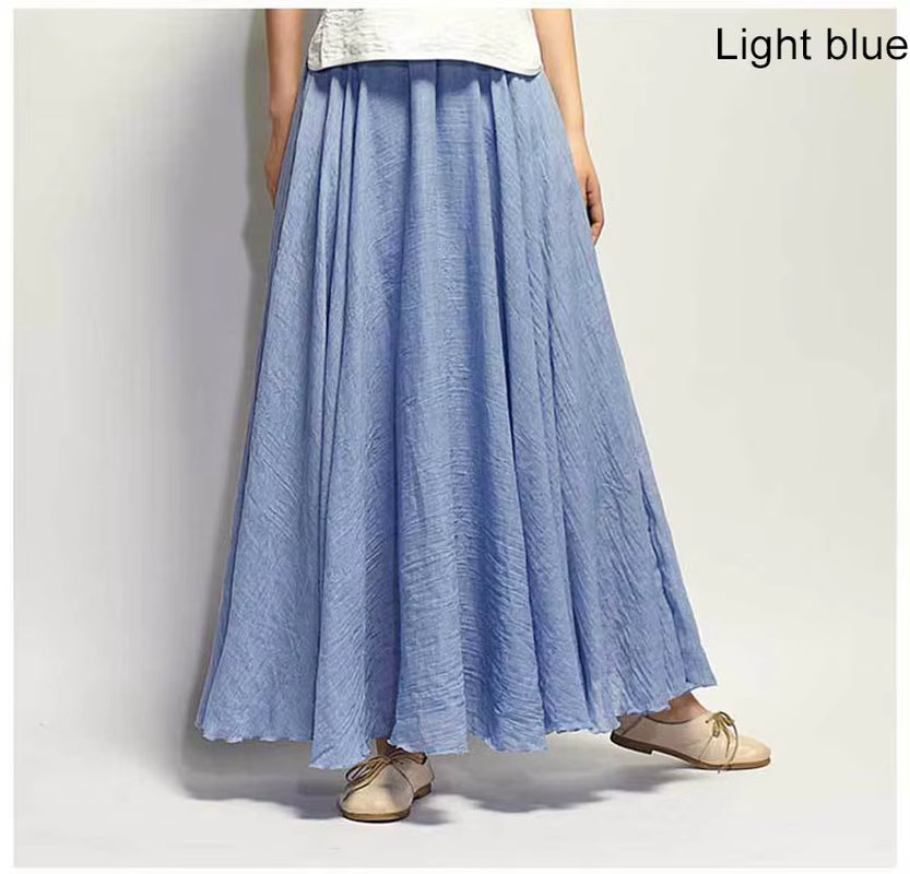 Women'S Elegant High Waist Linen Maxi Skirt 2023 Summer Ladies Casual Elastic Waist 2 Layers Skirts Saia Feminina 20 Colors SK53