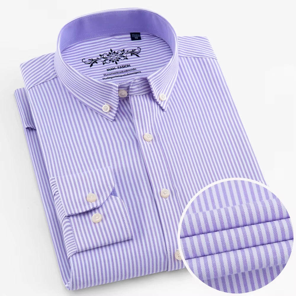 Men'S Long Sleeve Oxford Plaid Striped Work Casual Shirt with Pocket, Spring Autumn Cotton Blend Regular-Fit Button-Down Shirts