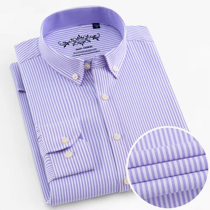 Men'S Long Sleeve Oxford Plaid Striped Work Casual Shirt with Pocket, Spring Autumn Cotton Blend Regular-Fit Button-Down Shirts