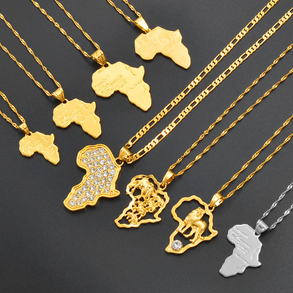 Africa Map Pendant Necklace Women Men Silver Color/Gold Color Ethiopian Jewelry Wholesale African Hiphop Item @132106