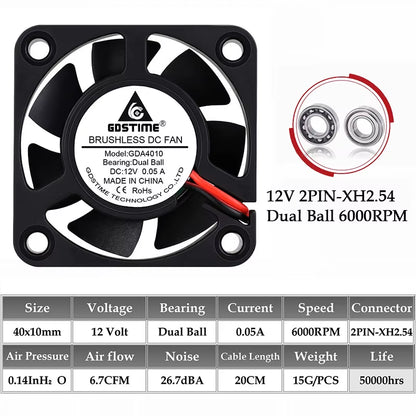 2Pcs  DC 24V 12V 5V 40Mm X 40Mm X 10Mm 2-Pin Ball Bearing Computer PC Case Cooling Fan 4010