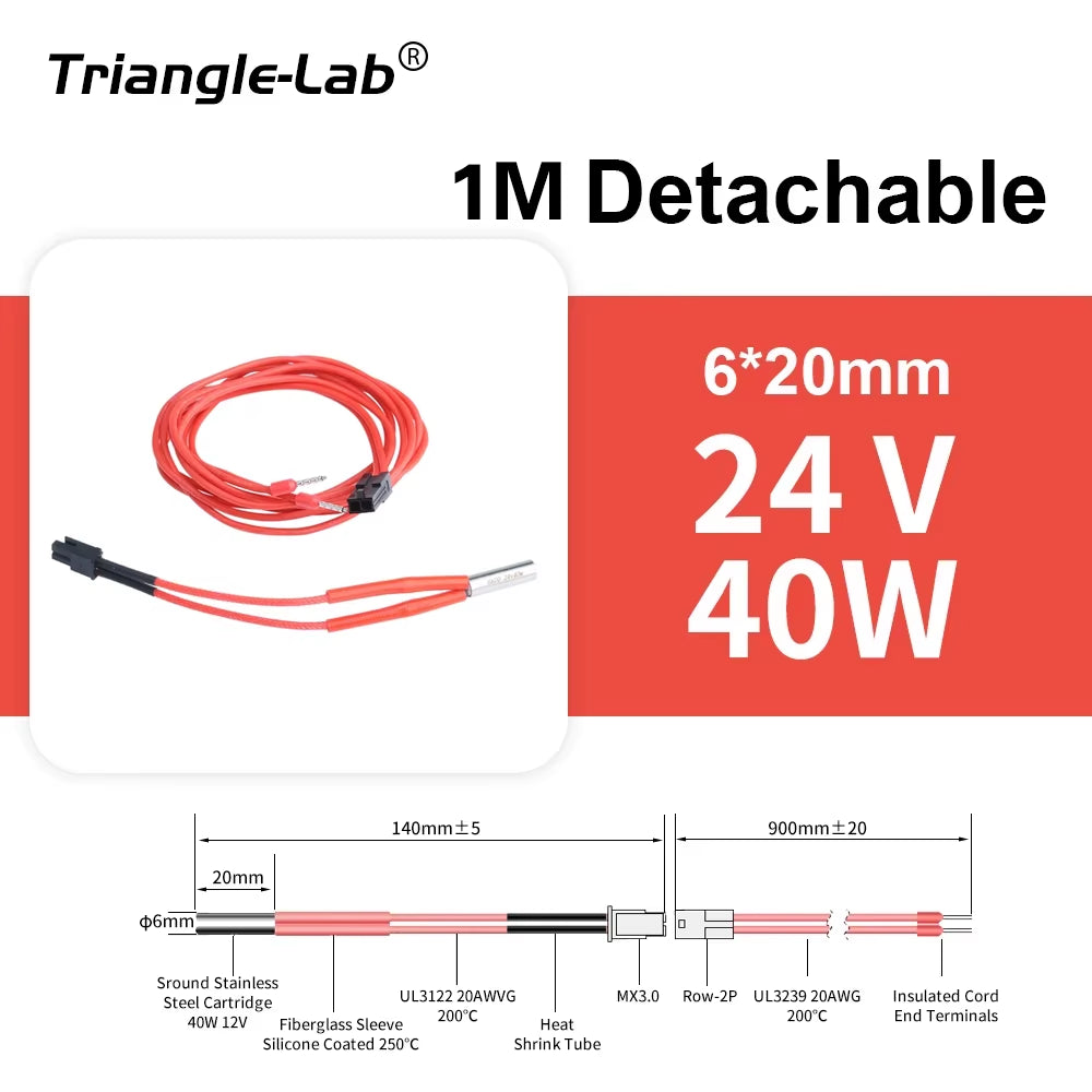 Trianglelab 3D Printer 6*20MM 12V/24V 40W Heater Cartridge with 100CM Cable for 3D Printer for PT100 HOTEND Volcano MK8 MK9