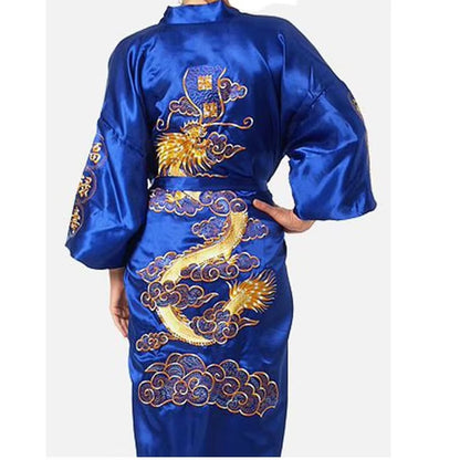 Navy Blue Chinese Men'S Satin Silk Robe Embroidery Kimono Bath Gown Dragon Size S M L XL XXL XXXL S0008