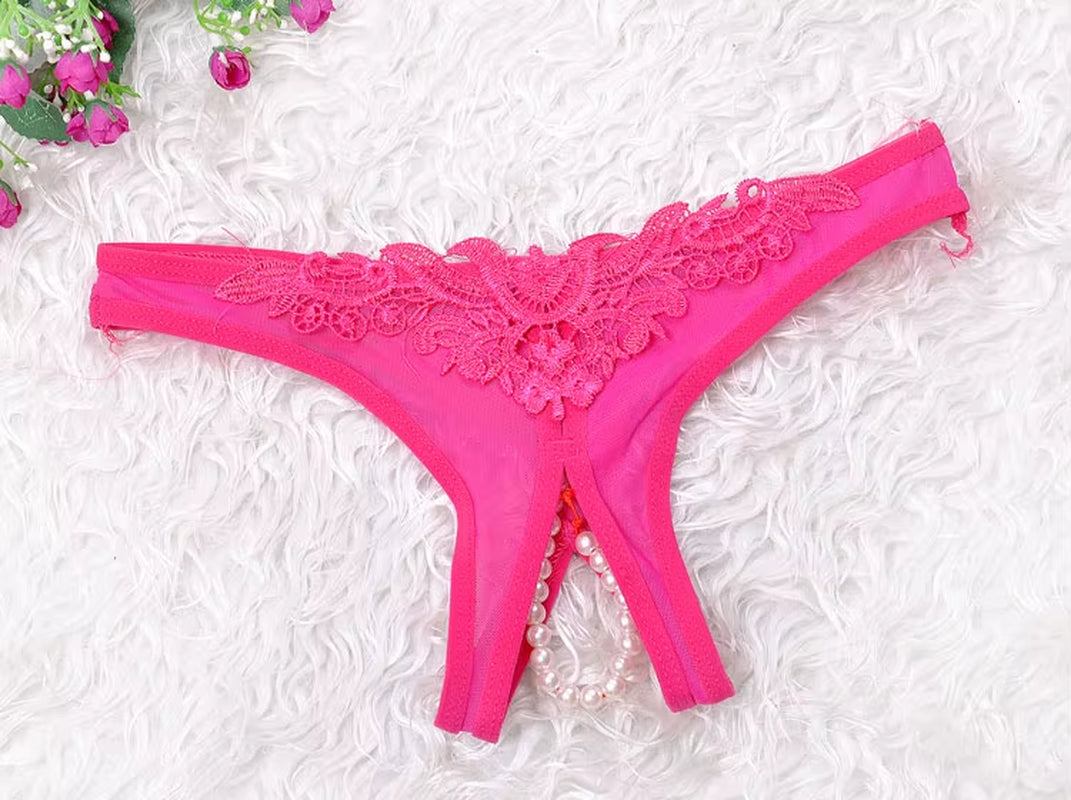 Women Low Waist Panties Lace G Strings Sexy Underwear Pearl Crotchless Briefs Female Lingerie Tanga