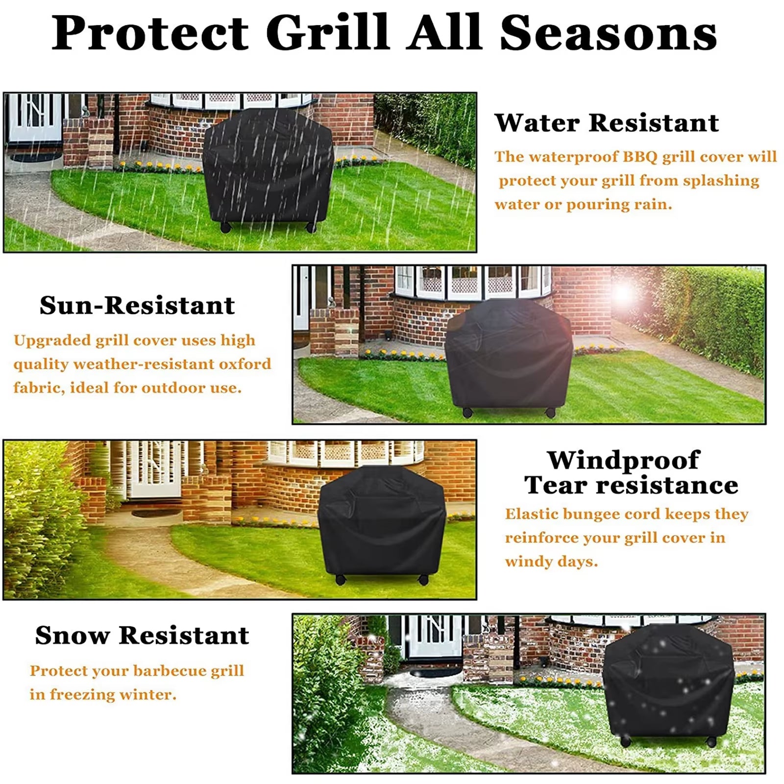 Multiple Size Grill Cover, Heavy Duty Waterproof Barbecue Gas Grill Cover, Black, Heat Resistant, Stain Resistant, Waterproof
