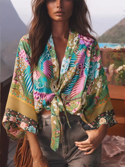 Boho Vintage Floral Print Beach Summer Short Kimono Women Fashion Ladies Casual V Neck Batwing Sleeves Bohemian Cover-Ups
