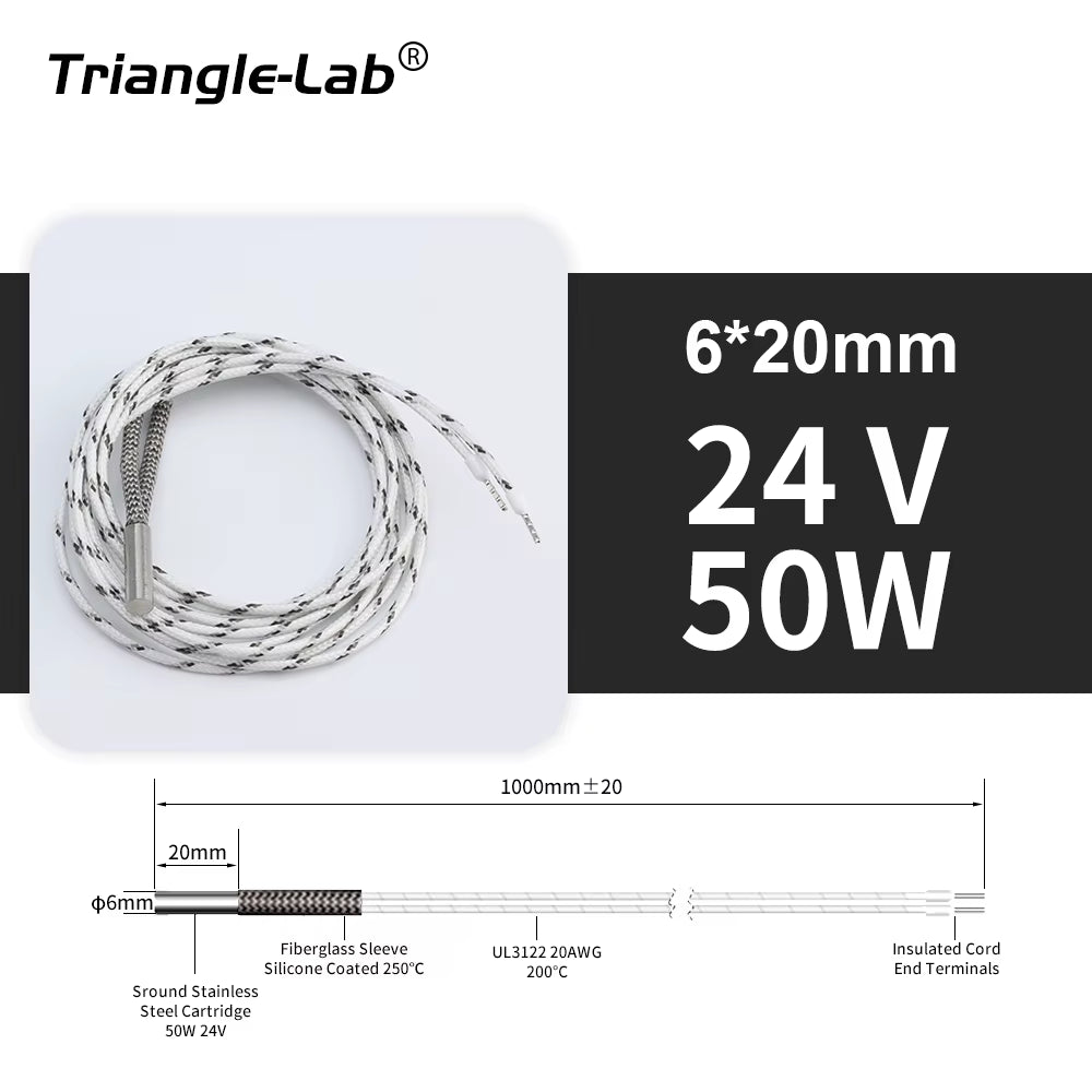 Trianglelab 3D Printer 6*20MM 12V/24V 40W Heater Cartridge with 100CM Cable for 3D Printer for PT100 HOTEND Volcano MK8 MK9