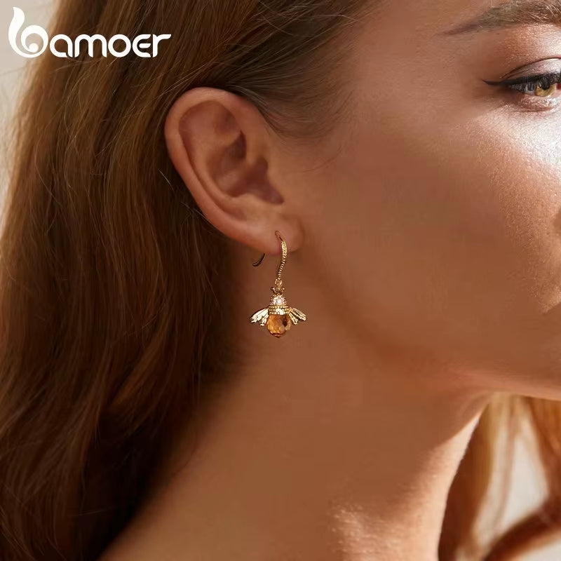 Hot Sale 925 Sterling Silver Yellow Bee Drop Earrings for Women Lovely Insect Earrings Fine Jewelry Gift SCE149