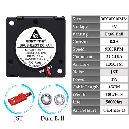2 Pieces  DC 5V 12V 24V 30X30X10Mm Sleeve Dual Ball 1 Inch Small Mini Blower Cooling Fan 30Mm X 10Mm 3Cm 3010 3D Printer