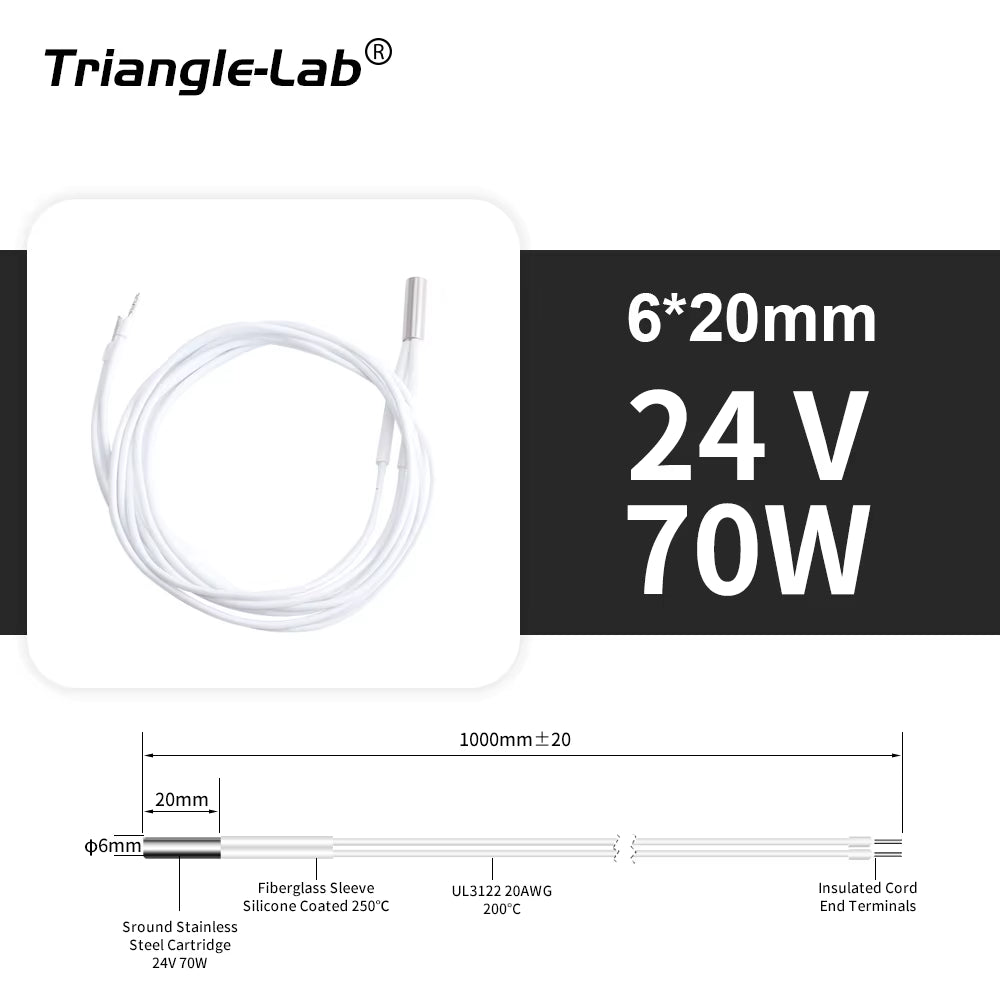 Trianglelab 3D Printer 6*20MM 12V/24V 40W Heater Cartridge with 100CM Cable for 3D Printer for PT100 HOTEND Volcano MK8 MK9