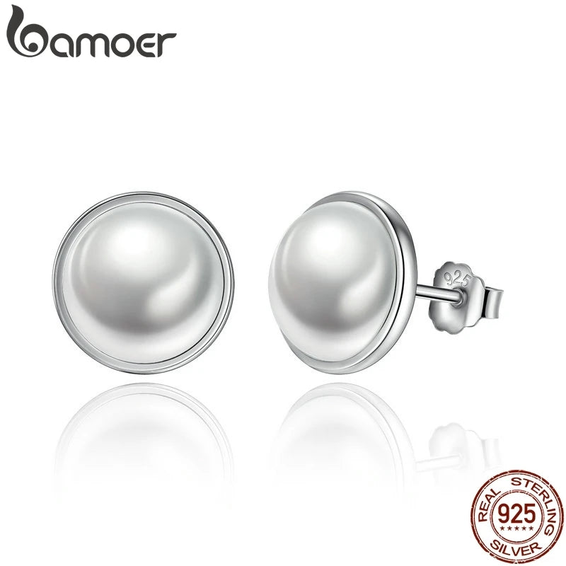 Fashion 925 Sterling Silver Elegant Beauty, round White Shell Pearl Stud Earrings Women Engagement Jewelry Brincos PAS489