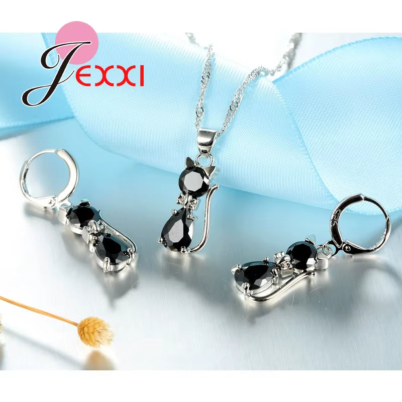 Fast Shipping Retail Romantic Engagement Silver Cute Cat Jewelry Sets Necklace Earrings with Austrian Crystal for Women