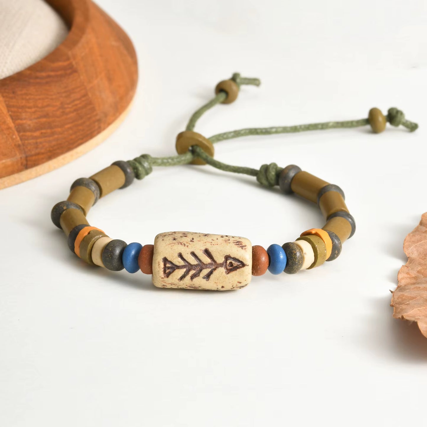 Rotating Fish Bone Beaded Bracelet Original Tribal Jewelry for Men Surfer Jewelry Adjustable