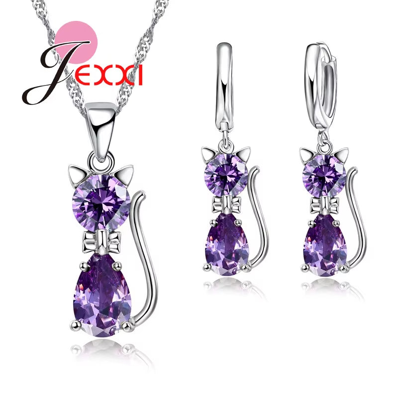 Fast Shipping Retail Romantic Engagement Silver Cute Cat Jewelry Sets Necklace Earrings with Austrian Crystal for Women