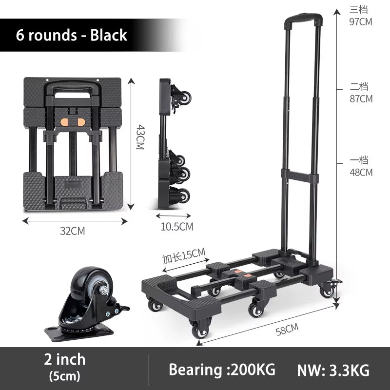 Trolley with Brakes Cargo Trolley Car Home Portable Trolley Foldable Outdoor Small Trailer Six Wheels
