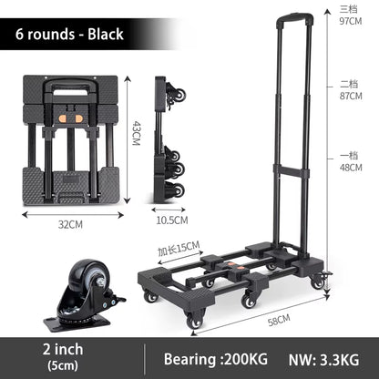 Trolley with Brakes Cargo Trolley Car Home Portable Trolley Foldable Outdoor Small Trailer Six Wheels