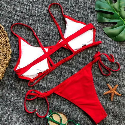 Hollowed Red Sexy Bikini Set Women String Swimsuit Push up Swimwear 2025 Tied Thong Brazilian Bikini Bathing Suit Swim Wear