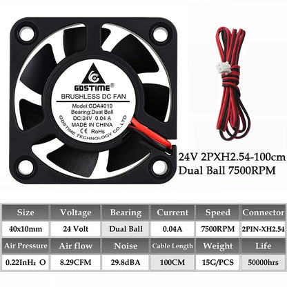 2Pcs  DC 24V 12V 5V 40Mm X 40Mm X 10Mm 2-Pin Ball Bearing Computer PC Case Cooling Fan 4010