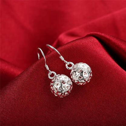925 Sterling Silver Hollow Ball Heart Drop Earrings for Woman Wedding Engagement Party Fashion Charm Jewelry