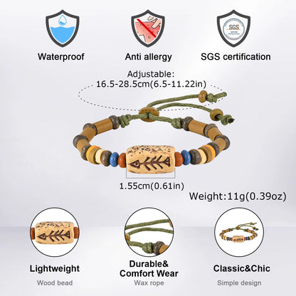 Rotating Fish Bone Beaded Bracelet Original Tribal Jewelry for Men Surfer Jewelry Adjustable
