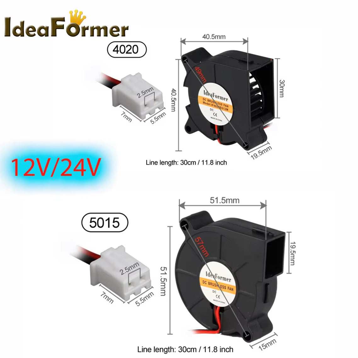 1 Pcs 4020/5015 Blower Turbo Cooling Fan Brushless DC 12V&24V 3D Printer with 2Pin Dupont Wire Cooler 30Cm Wire for J-Head