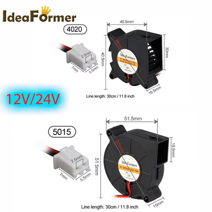 1 Pcs 4020/5015 Blower Turbo Cooling Fan Brushless DC 12V&24V 3D Printer with 2Pin Dupont Wire Cooler 30Cm Wire for J-Head