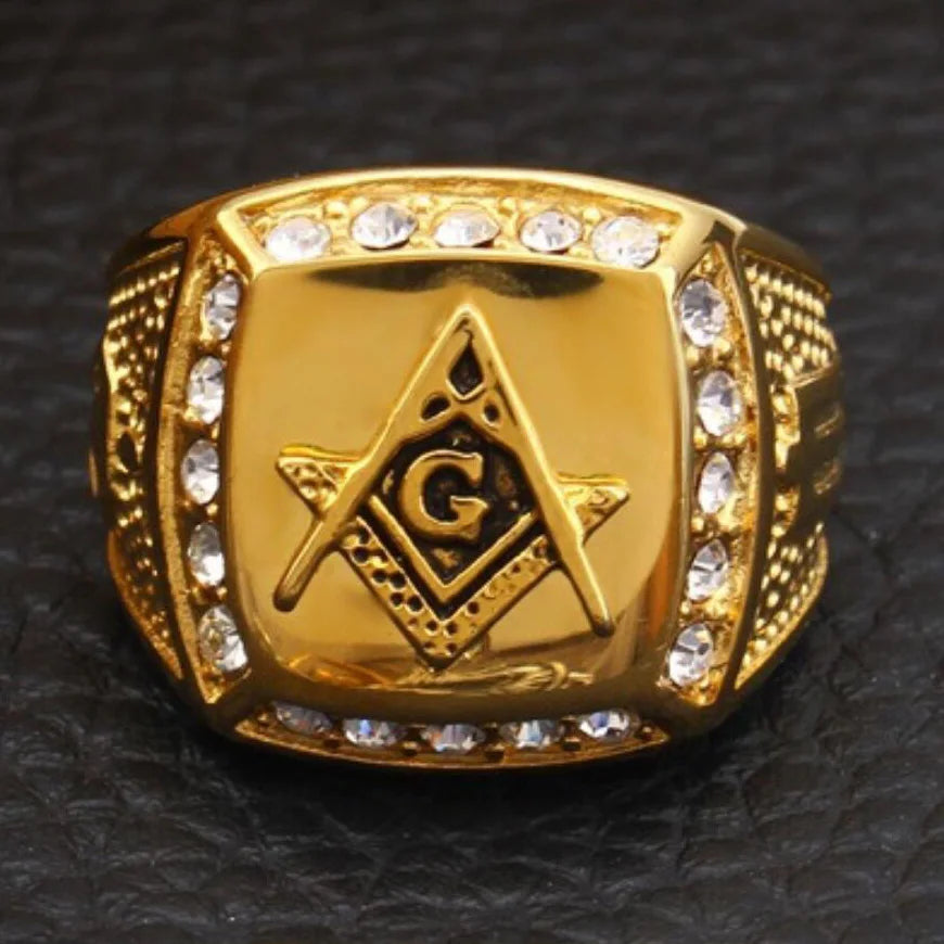 New Arrival Bling CZ Crystal Men Rings with Freemason Masonic Free Mason Signet 316L Stainless Steel Gold Color Jewelry for Men