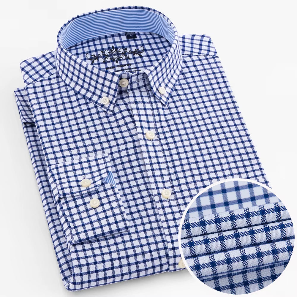 Men'S Long Sleeve Oxford Plaid Striped Work Casual Shirt with Pocket, Spring Autumn Cotton Blend Regular-Fit Button-Down Shirts