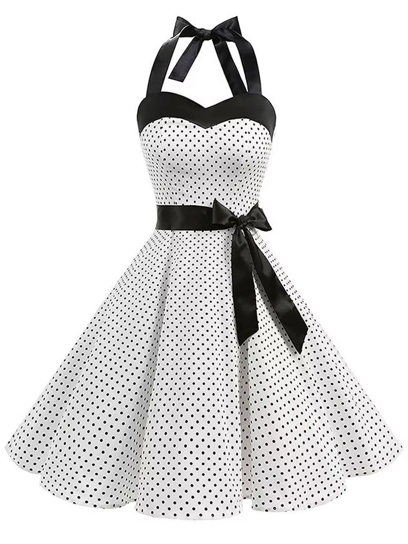 Polka Dot Dress Women Vintage Swing Halter Belt 50S 60S Rockabilly Prom Party Dresses Retro Feminino Vestidos