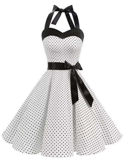 Polka Dot Dress Women Vintage Swing Halter Belt 50S 60S Rockabilly Prom Party Dresses Retro Feminino Vestidos
