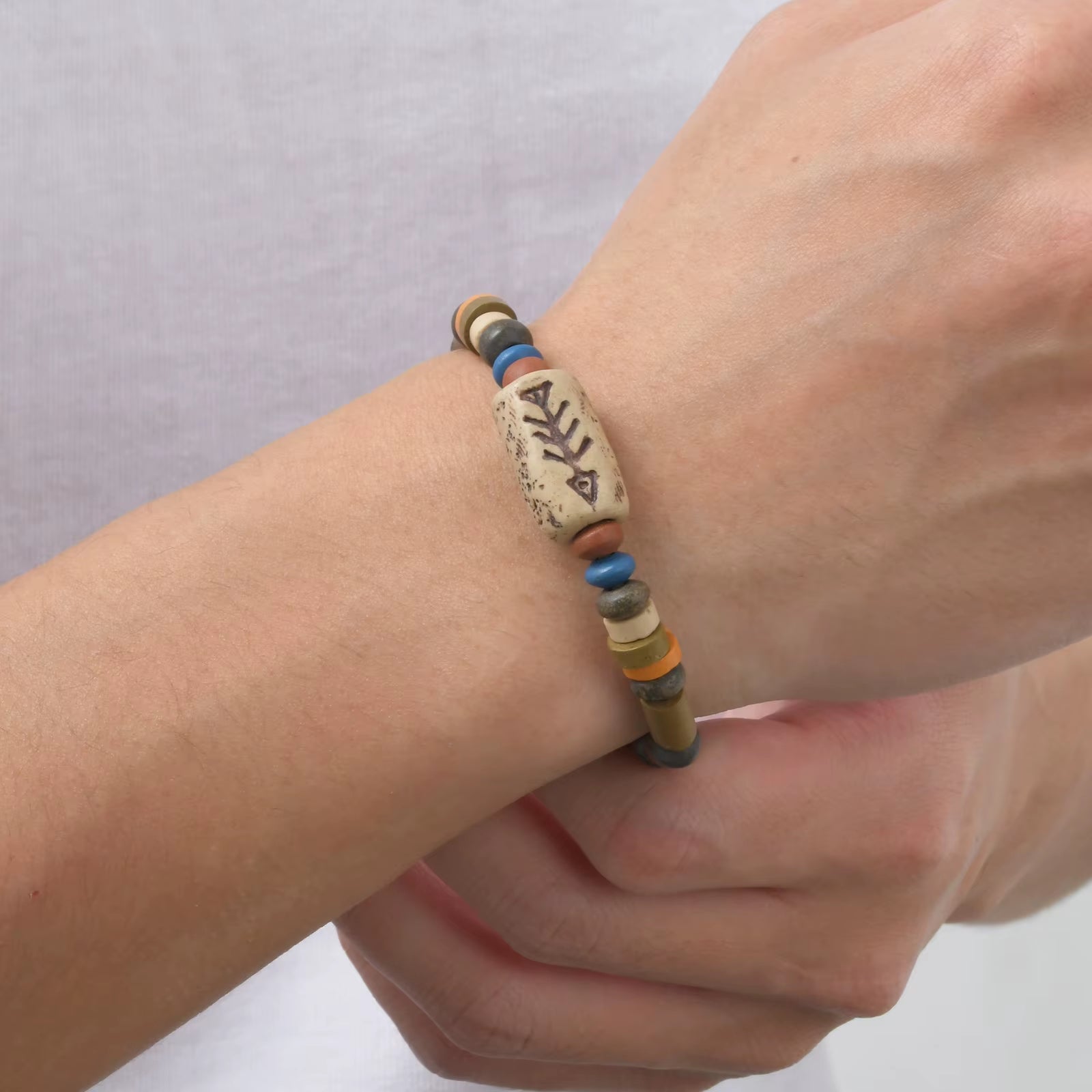 Rotating Fish Bone Beaded Bracelet Original Tribal Jewelry for Men Surfer Jewelry Adjustable