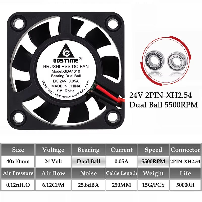 2Pcs  DC 24V 12V 5V 40Mm X 40Mm X 10Mm 2-Pin Ball Bearing Computer PC Case Cooling Fan 4010