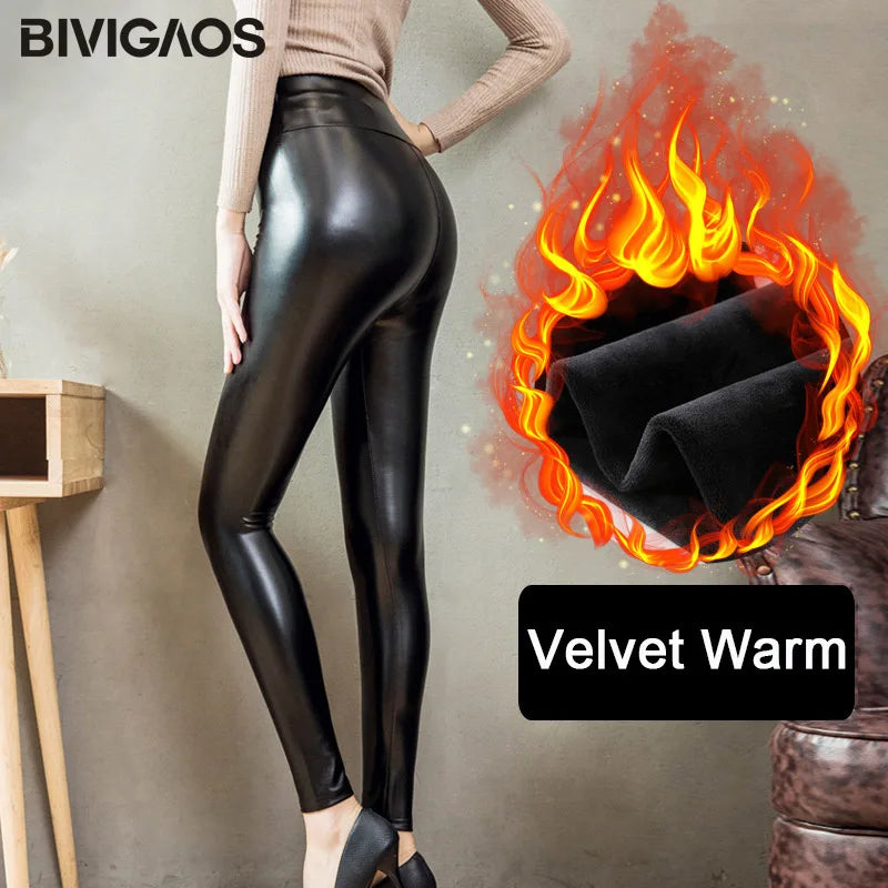 Fashion Women PU Leather Pants Elastic High Waist Winter Leggings Slim Velvet Leather Leggings Skinny Fleece Trousers