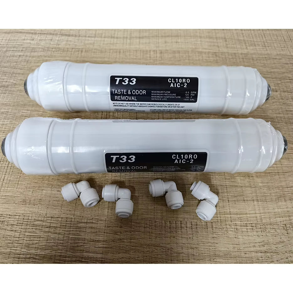 Quick Connect 10 Inch T33 with 2Pcs Fitting Water Purifier INLINE COCONUT Carbon Post WATER FILTER Cartridge REVERSE OSMOSIS