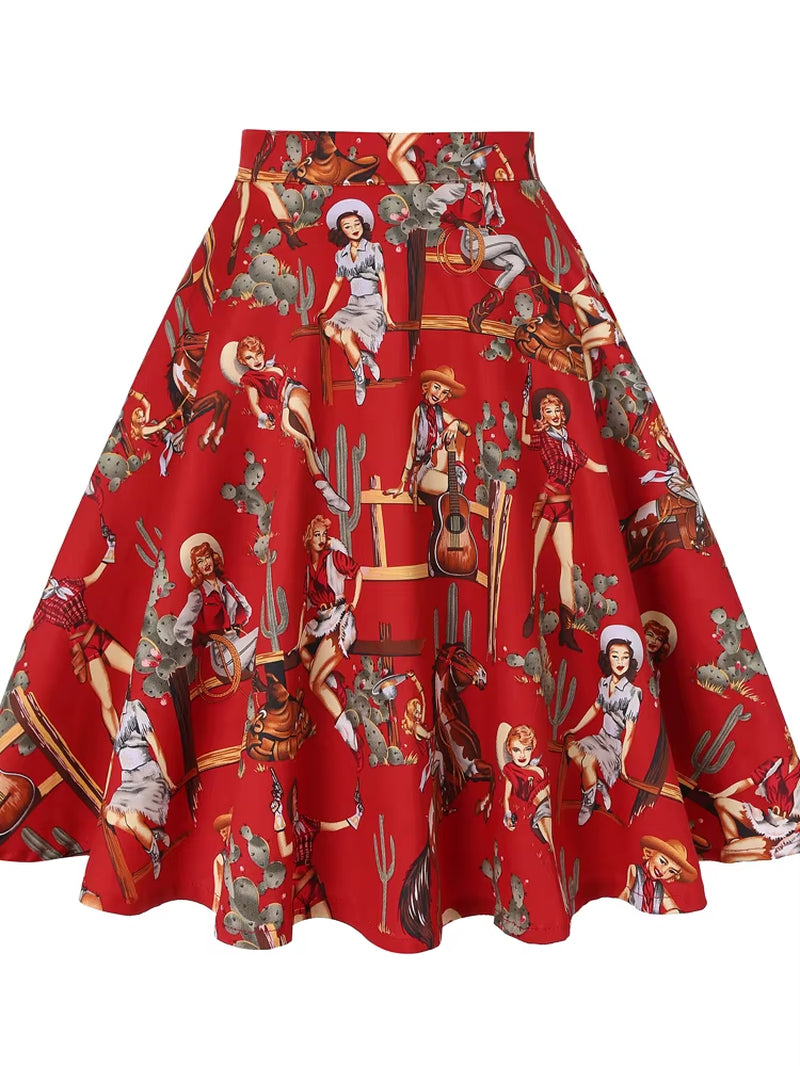 2025 Summer Midi Skirt Runway Vintage Rockabilly Sundress Red Womens Sexy Pinup 50S Cotton Polka Dot Pattern Skater Streetwear