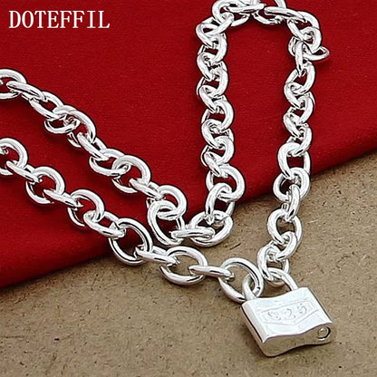 925 Sterling Silver Square Lock Pendant Necklaces 18 Inches Chain for Women Lovers Wedding Party Jewelry