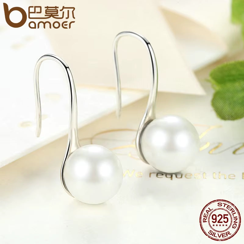 925 Sterling Silver Elegant round Pure Love Pearl Drop Earrings for Women Jewelry Brincos White ,Black Purple Pink SCE037