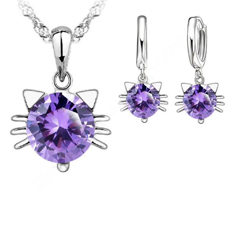New Arrivals Romantic 925 Sterling Silver Cubic Zircon Cute Pretty Cat Necklace Hoop Earrings Jewelry Sets
