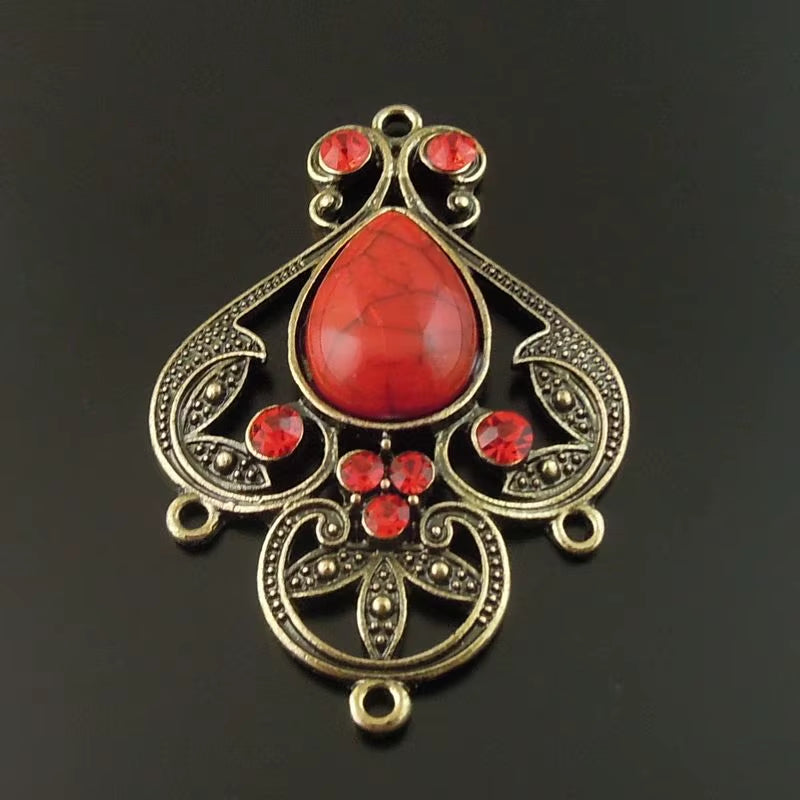 Wholesale 4Pcs Antique Bronze Alloy Red Imitation Stone Charms Pendant Jewelry Findings Connector 46*35*8Mm for Necklace