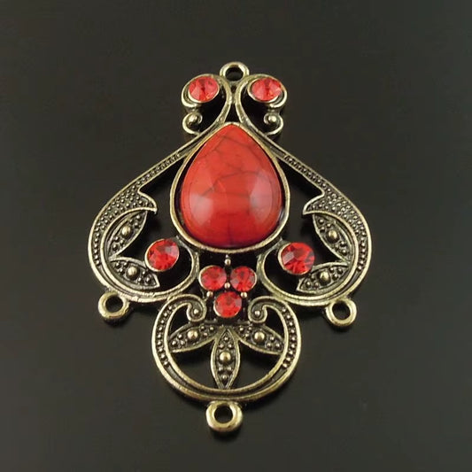 Wholesale 4Pcs Antique Bronze Alloy Red Imitation Stone Charms Pendant Jewelry Findings Connector 46*35*8Mm for Necklace