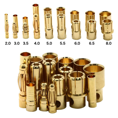 20Pcs/Lot 2.0Mm 3.0Mm 3.5Mm 4.0Mm 5.5Mm 6.0Mm 8.0MM Gold Bullet Banana Connector Plug for ESC Lipo RC Battery Plugs (10 Pair)