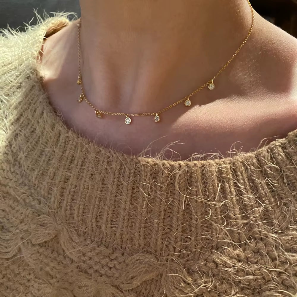 925 Sterling Silver Clear CZ Station Multi Charm Choker Fashion Delicate Dainty Disco Dots Drip Drop Pendant Necklace for Women