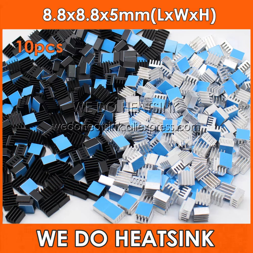 10Pcs 8.8X8.8X5Mm Small Tiny Silver / Black Heatsink Aluminum Heat Sink Radiator Cooler with Tape Applied