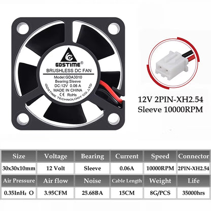 2PCS  Dual Ball Bearing DC 24V 12V 5V 3Cm 30Mm 30X30X10Mm 3010 Brushless Mini Cooler Cooling Fan