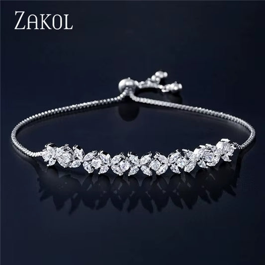 Classic White Marquise Cut Cubic Zircon Chain & Link Bracelets Bangles Flower Bridal Wedding Jewelry for Women BP094